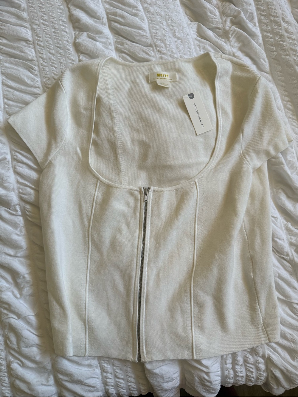 Maeve Off-White Zip-Front Square Neck Short Sleeve Top